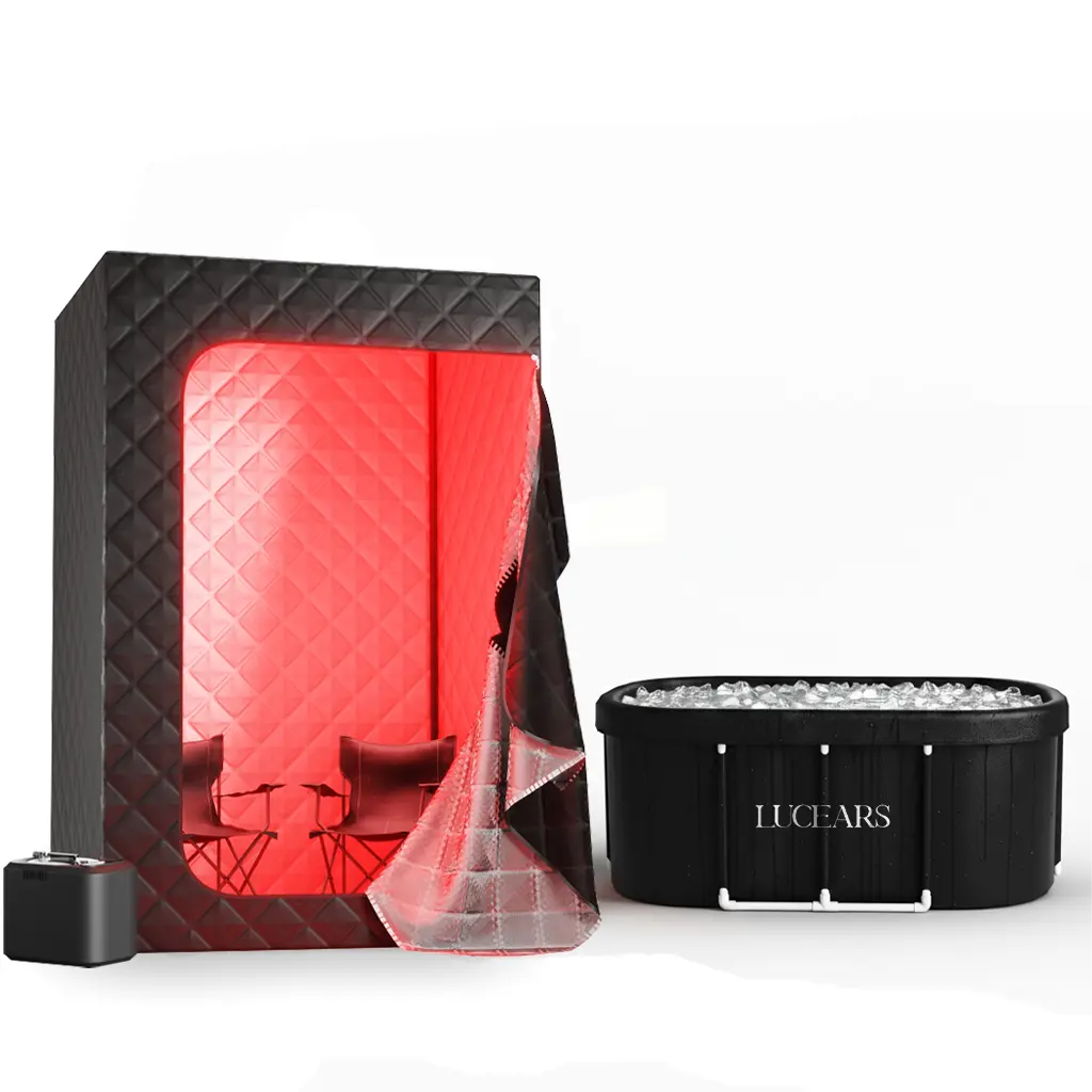 Two Person Sauna with 2 Red Light Panel and Ice Tub